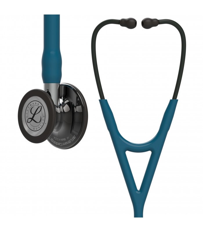 Pachet cardio - Stetoscop Littmann Cardiology IV Caribbean Blue capsula fumurie finisaj oglinda 6234 + Borseta stetoscop Cardio Neagra